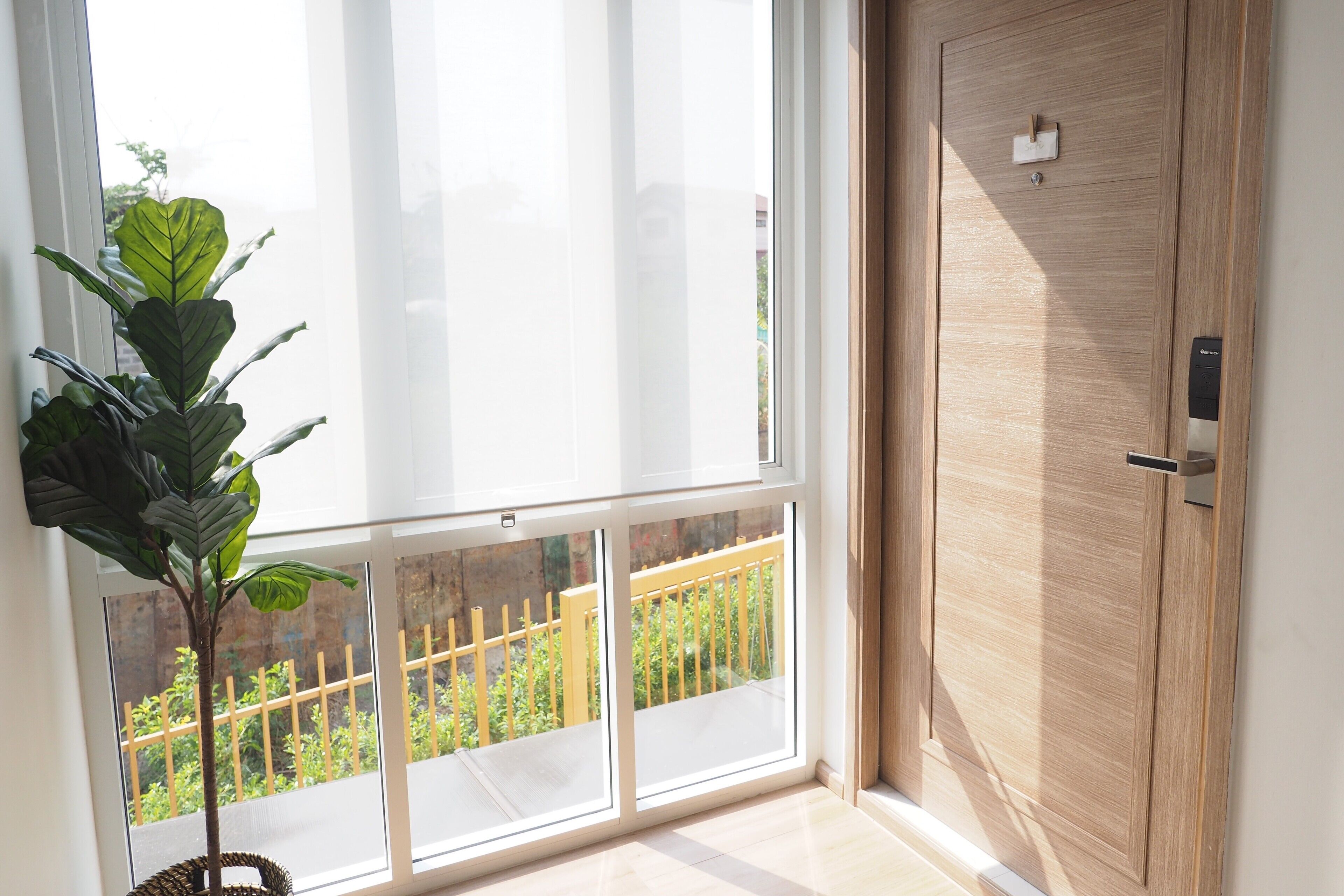 A room with a large window, a wooden door, and a potted plant.
