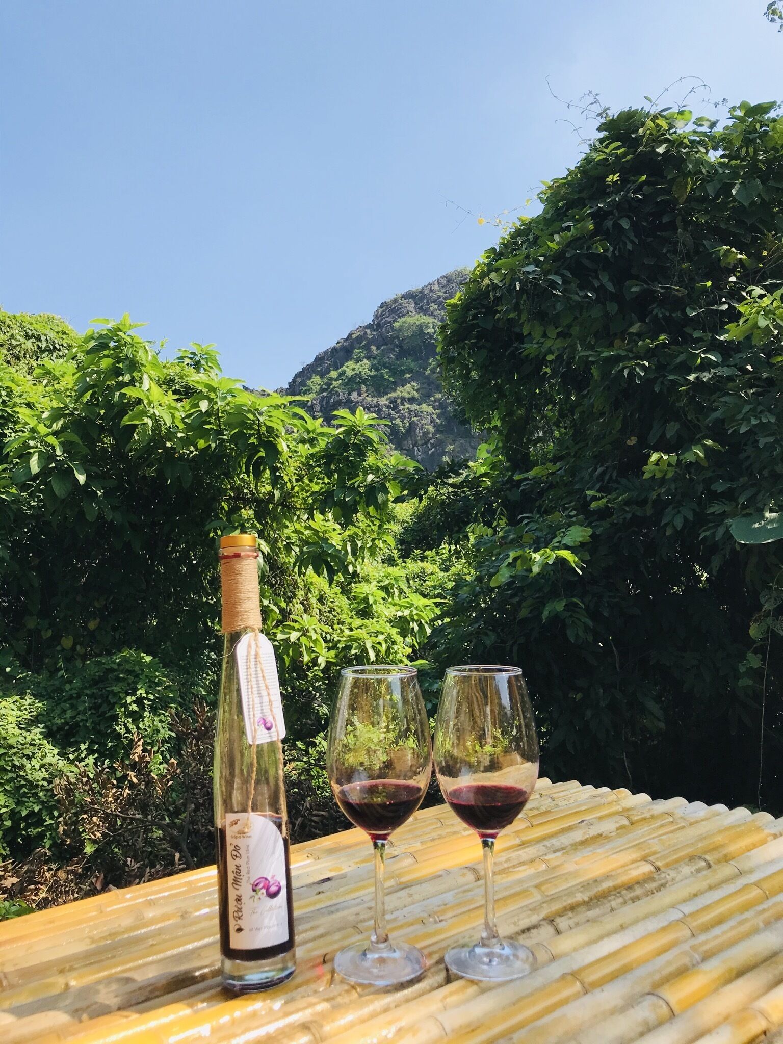 Une bouteille de vin et deux verres posés sur un tapis en bambou, avec en arrière-plan une végétation luxuriante et une montagne.