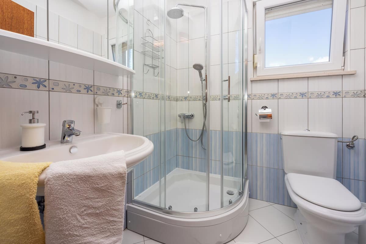 A modern bathroom with a glass-enclosed shower, a bathtub, a toilet, and a window.