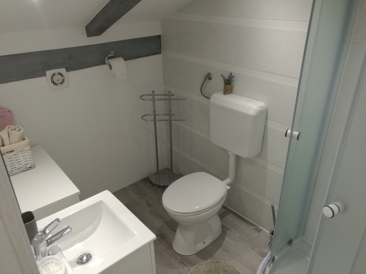 A compact bathroom with a white toilet, a white sink, and a glass shower enclosure.