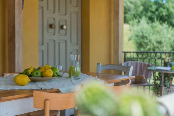 Una mesa con frutas y un vaso de bebida verde, una silla, y vistas al follaje exterior.