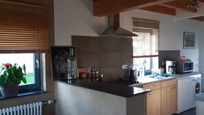 A modern kitchen with a built-in stove, microwave, and dishwasher. There is a window with blinds, a potted plant, and a framed picture on the wall. - WOODEN HOUSE, chalet style (Lontzen)