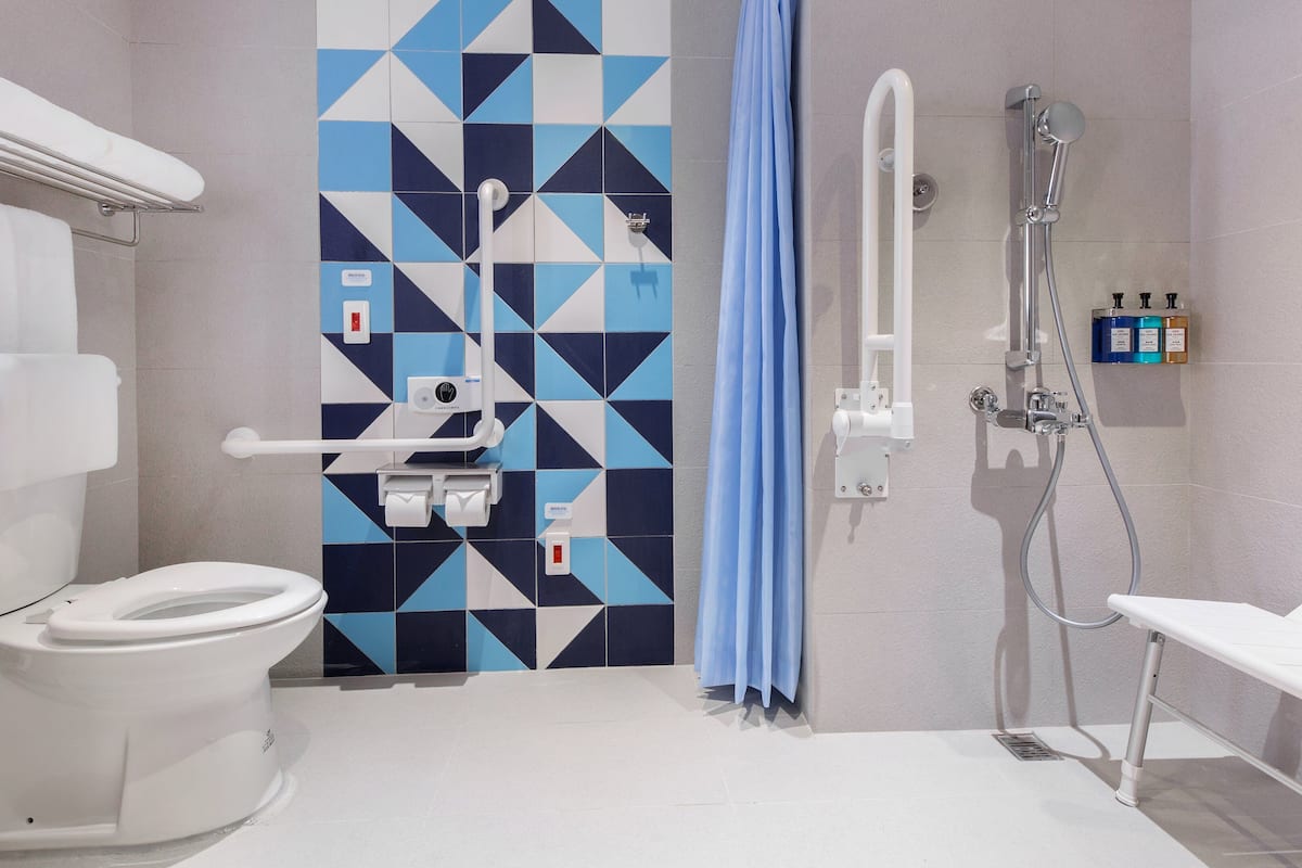 shower, hydromassage showerhead, hair dryer, slippers