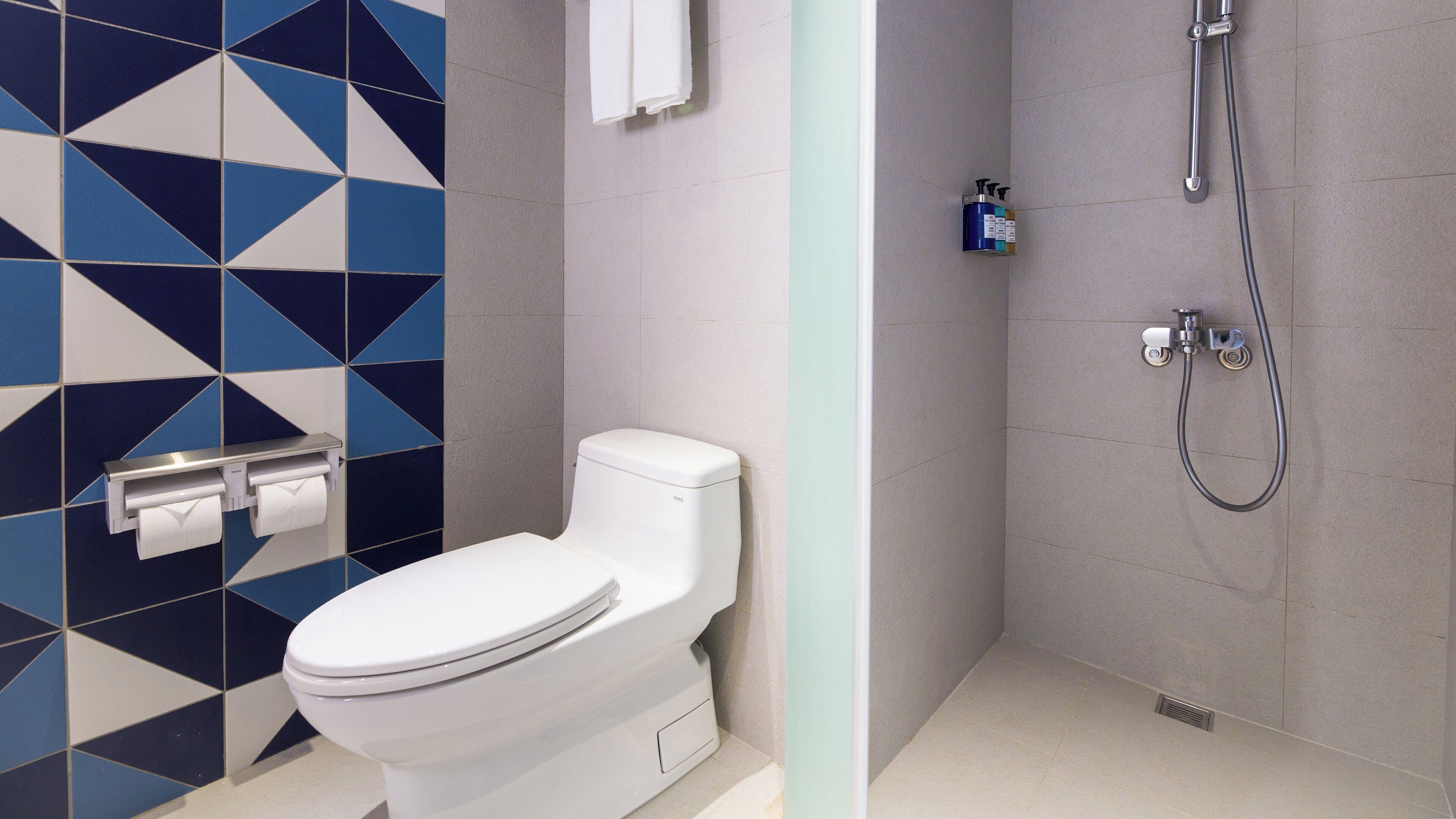 Ein Badezimmer mit Toilette, Dusche und Handtuchhalter.