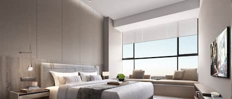 Ropa de cama hipoalergénica y caja de seguridad en la habitación