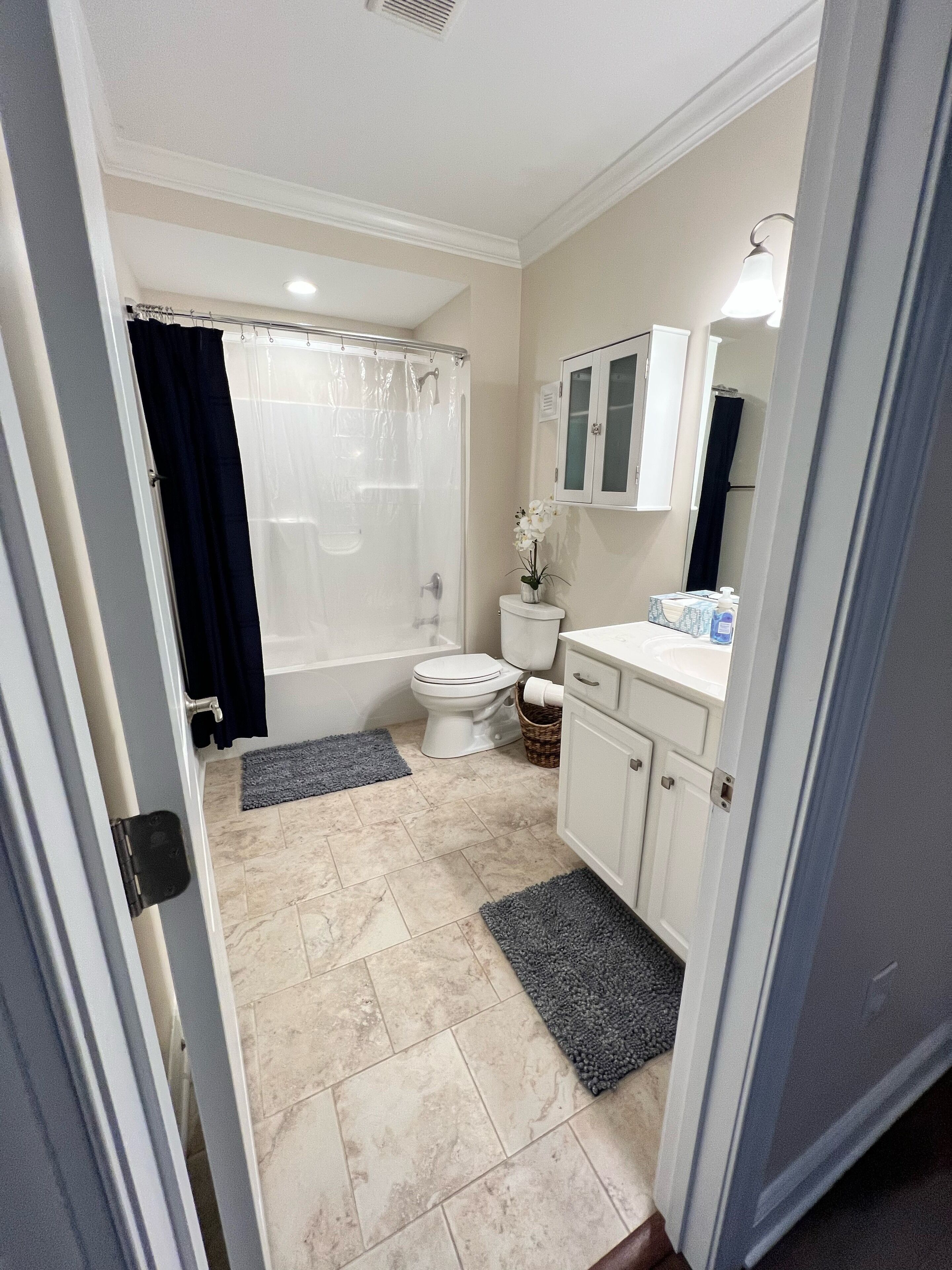Combined shower/tub, hair dryer, towels, soap