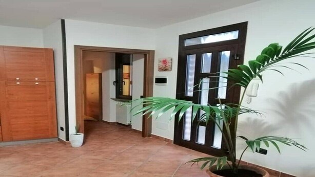 A hallway with a wooden door, a potted plant, and a door with a window. - "The Corte Giovanna" (Rescaldina)