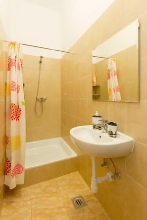 Bathroom features a shower area, sink with soap dispenser, and a mirror above.