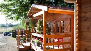 A wooden cabin with a porch, a sign reading "Accueil", and potted plants. - Camping la Garenne (Peyrignac)