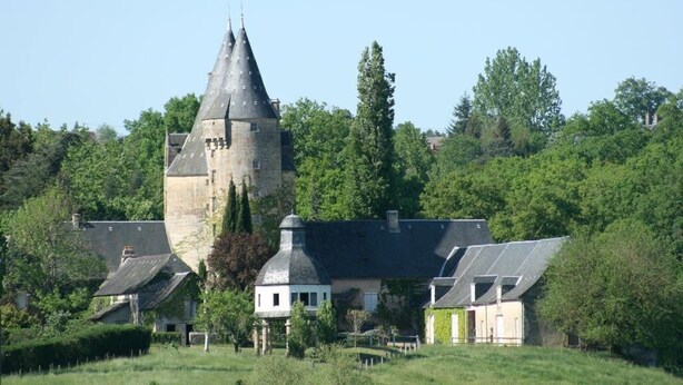 A castle with a prominent tower, surrounded by lush greenery and traditional buildings. - Camping la Garenne (Peyrignac)