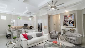 Smart TV, fireplace, DVD player, stereo