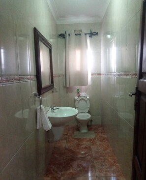 A bathroom with a sink, toilet, and mirror. - Fallsview Apartments (Livingstone)