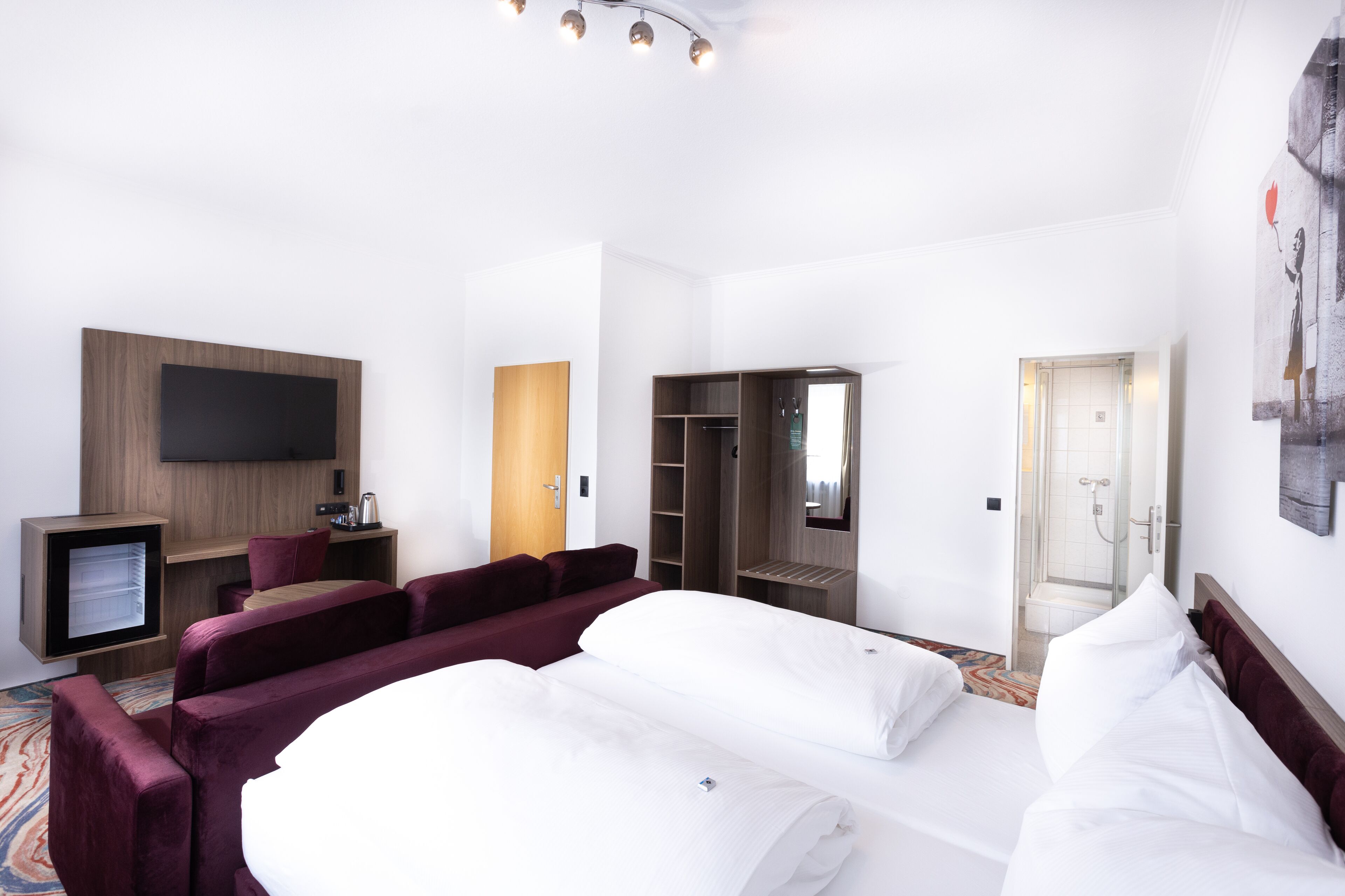 A hotel room with a large bed, a sofa, a TV, a wardrobe, and a shower area.