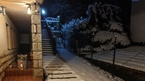 A snow-covered pathway leading to a building entrance, with a stone pillar and a potted plant on the left. - Willa Azalia (Polanica-Zdroj)