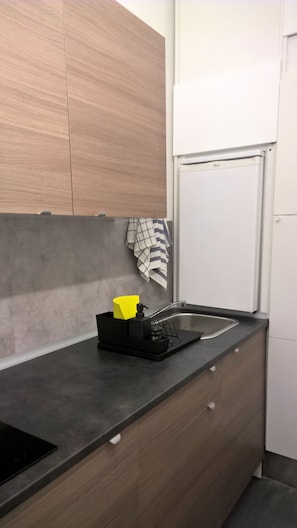 Kühlschrank, Herdplatte, Wasserkocher mit Kaffee-/Teezubehör