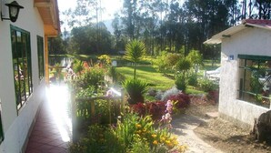 A garden pathway leading to a building with a tiled walkway and a small pond in the background. - Naturaleza Muisca Sas (Guasca)