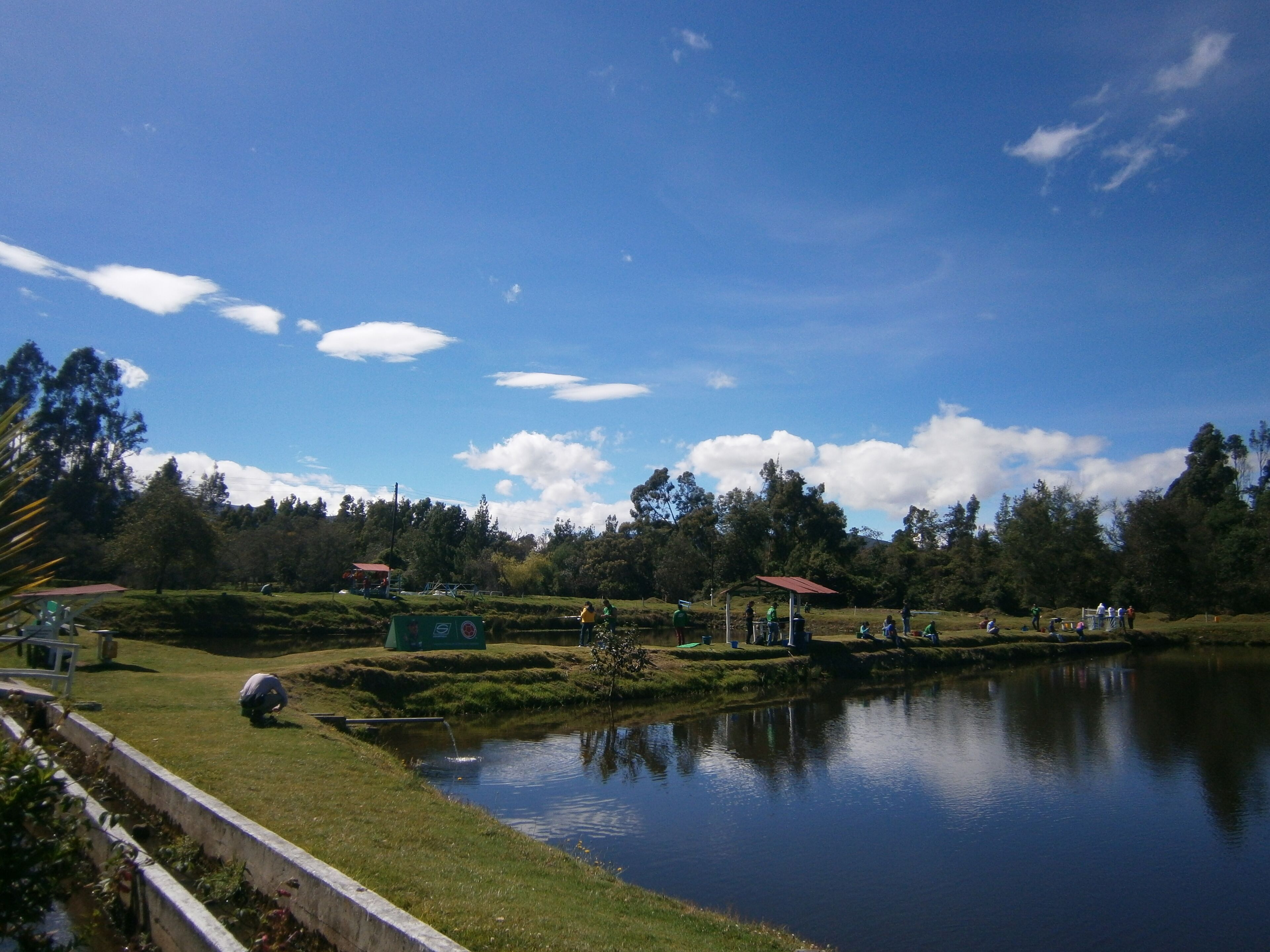 Un parque tranquilo junto al lago, con zonas verdes, un estanque y algunas construcciones.
