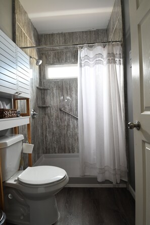 Ensemble douche/baignoire, sèche-cheveux, serviettes fournies, savon