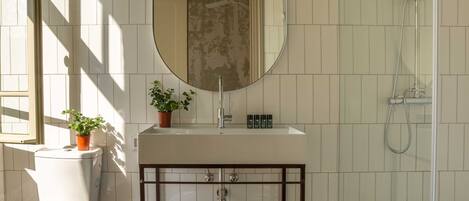 Baño con inodoro, lavamanos, espejo, ducha y planta en maceta.