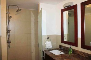 Casa de banho com chuveiro, lavatório e espelho.
