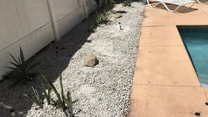 Un espace aménagé au bord de la piscine, avec une clôture blanche, un chemin de gravier et deux chaises longues.