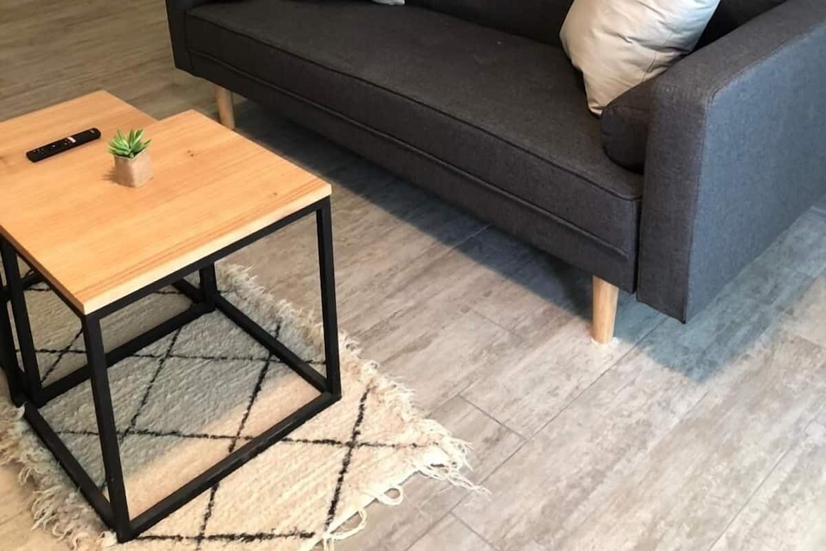 A modern living room with a dark grey sofa, two white cushions, a small wooden coffee table, and a potted plant.
