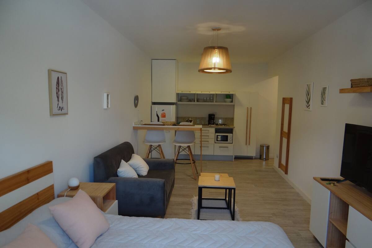A compact living space with a bed, a sofa, a small table, a TV, a kitchenette, and a dining area.