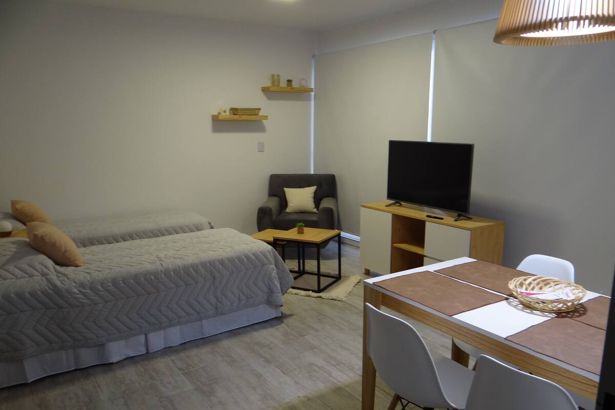 A bedroom with a bed, a chair, a desk, a television, and shelves.