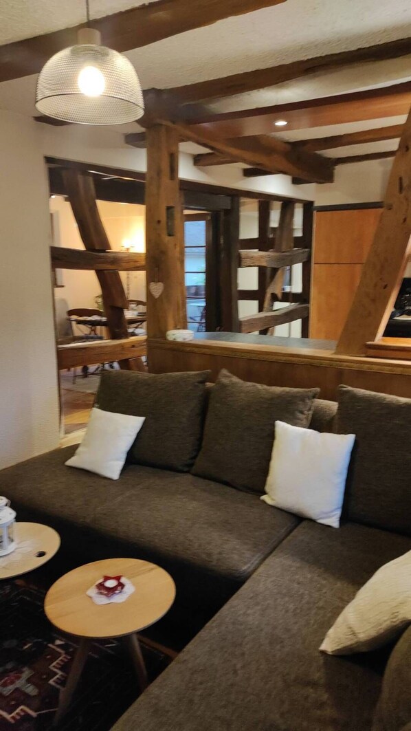 Fernseher, Kamin, Bücher, Stereoanlage