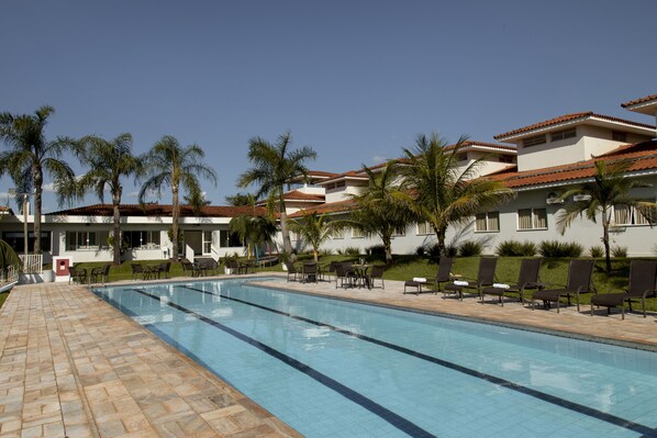 Outdoor pool, pool umbrellas, pool loungers