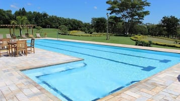 Outdoor pool, pool umbrellas, pool loungers