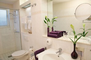 A bathroom with a toilet, sink, shower, and a mirror. - PARKHOTEL Rosarium (Uetersen)