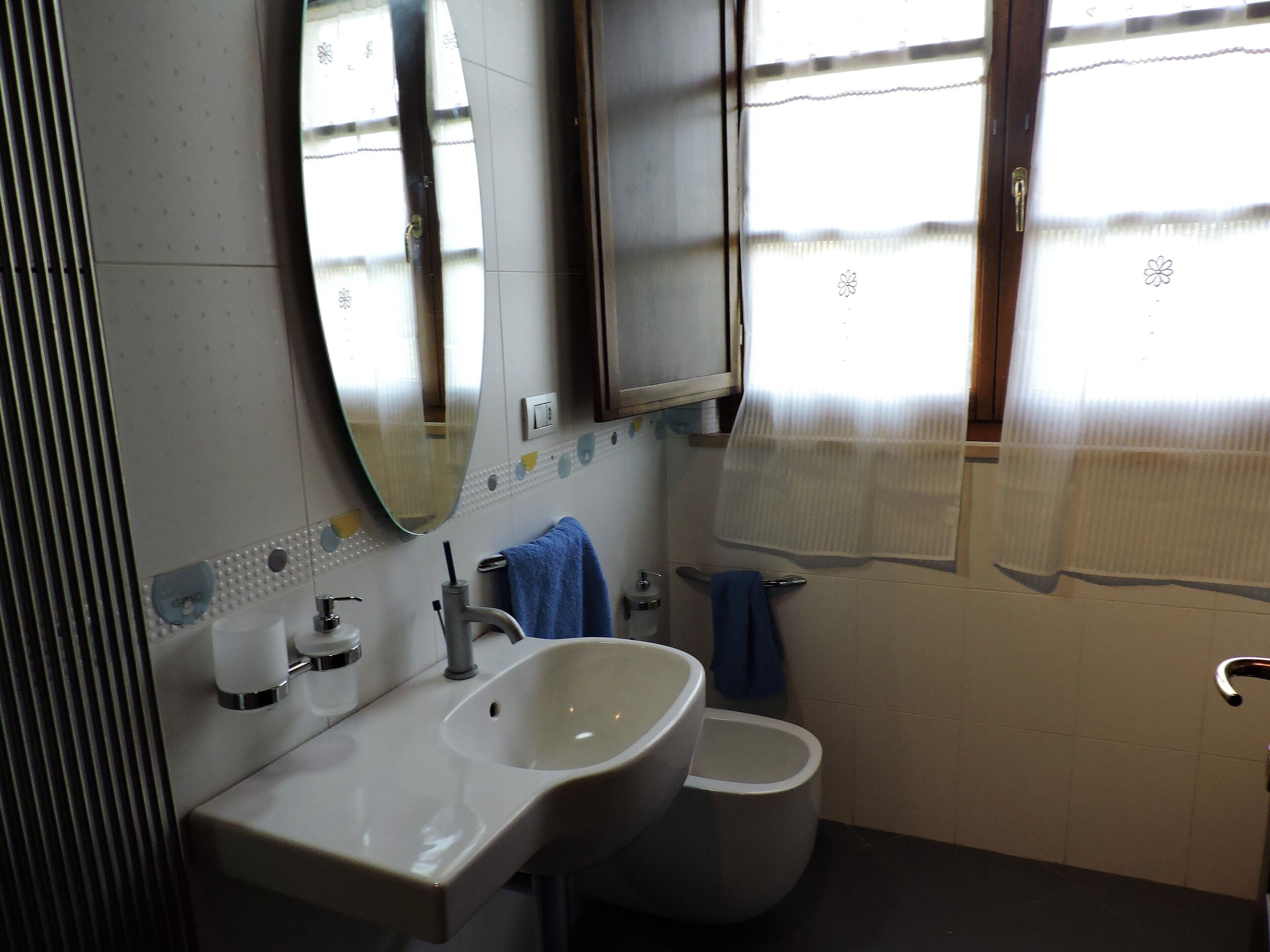 Un bagno con lavandino, specchio e water.