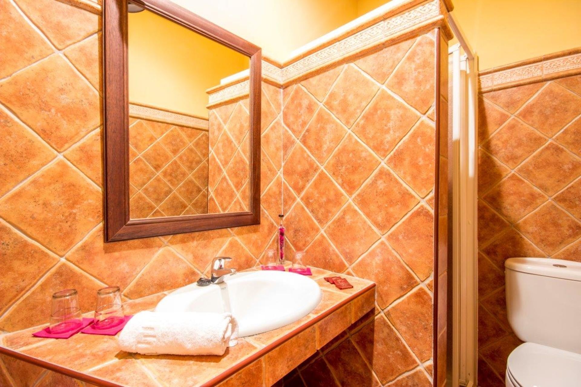 A bathroom with a white sink, a mirror, and a toilet.