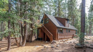 Une cabane rustique avec une façade en bois, un toit en métal et un escalier menant à l’entrée.