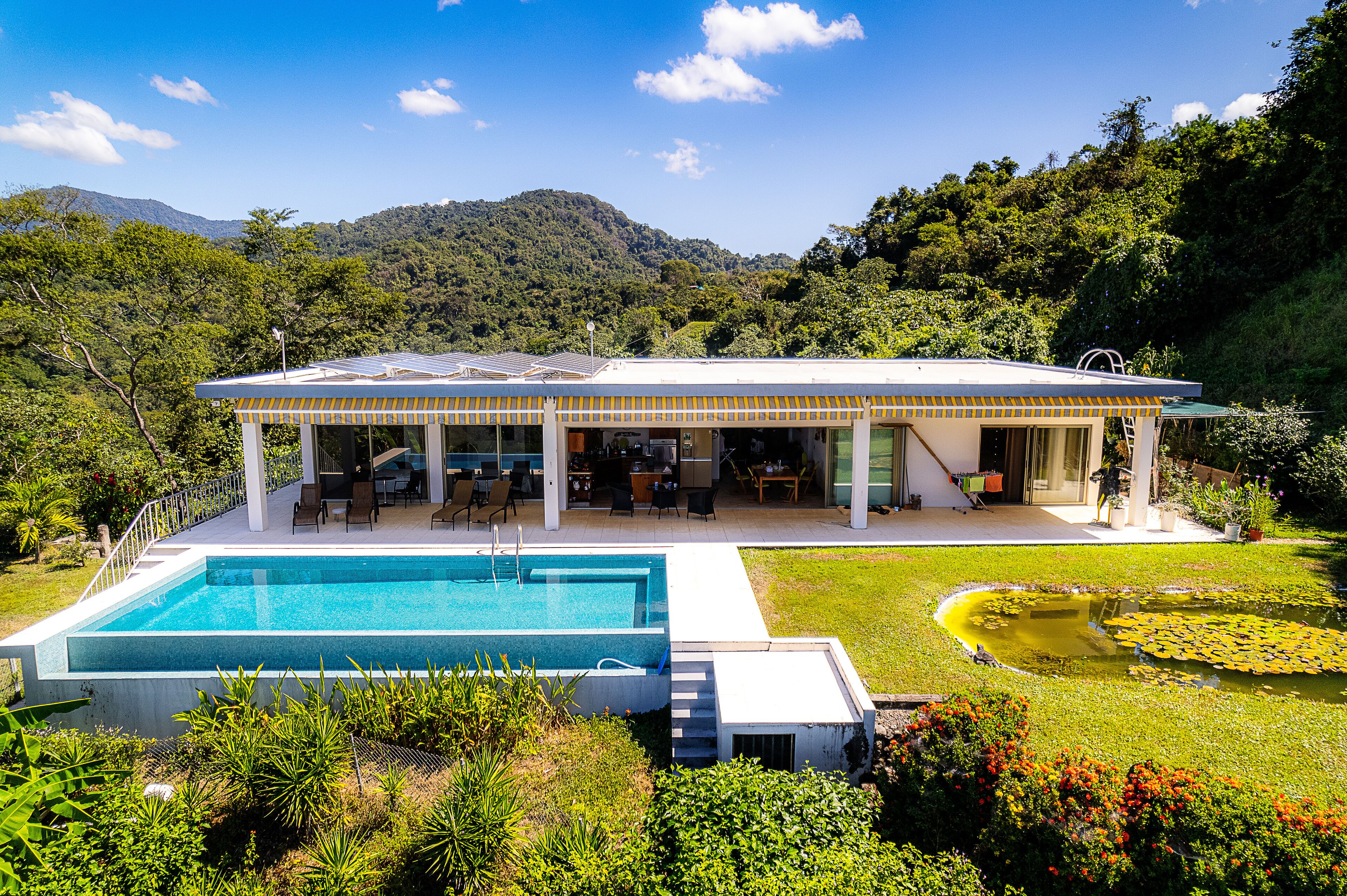 Una casa moderna con piscina, patio y un exuberante jardín.