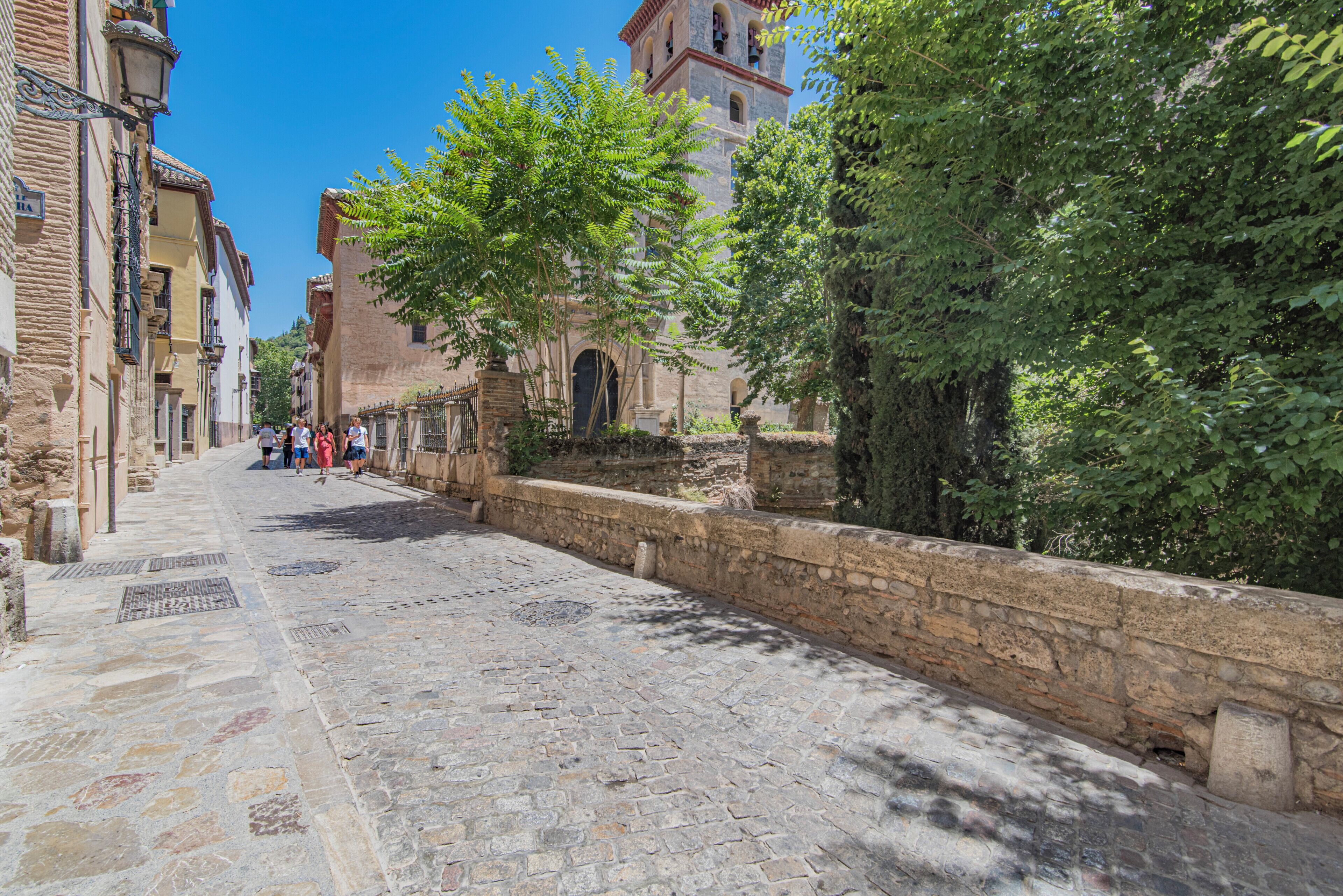 Una calle adoquinada bordeada por edificios históricos, un muro de piedra y árboles.