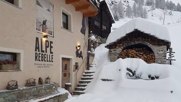 A snow-covered building with a stone fireplace, wooden steps leading to the entrance, and a sign reading "ALPE REBELLE".