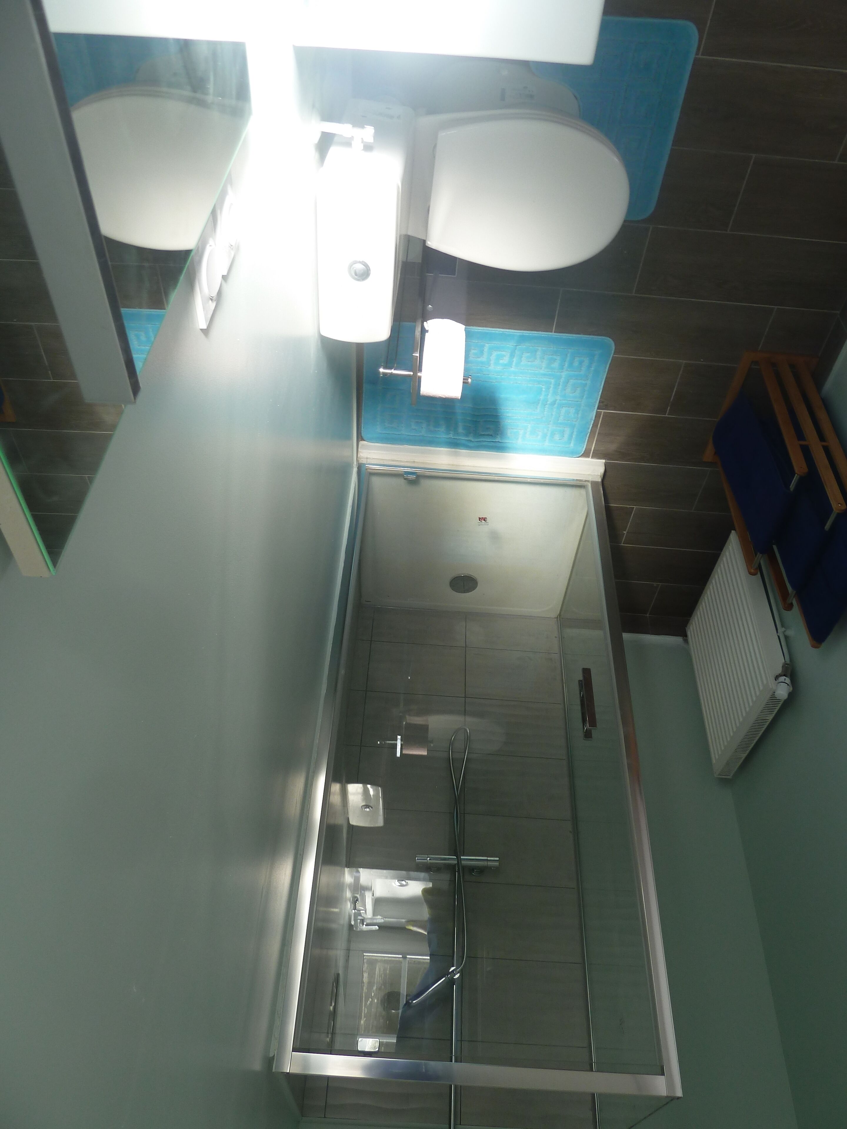 Shower, hair dryer, soap, shampoo