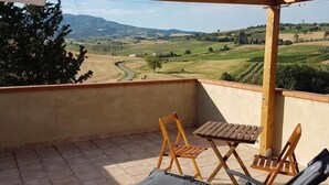 Un espacio al aire libre techado con vistas a un viñedo y colinas.