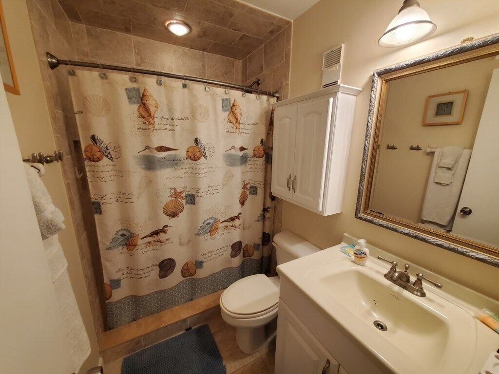 A bathroom with a shower curtain featuring sea creatures, a toilet, a sink with soap, and a mirror.