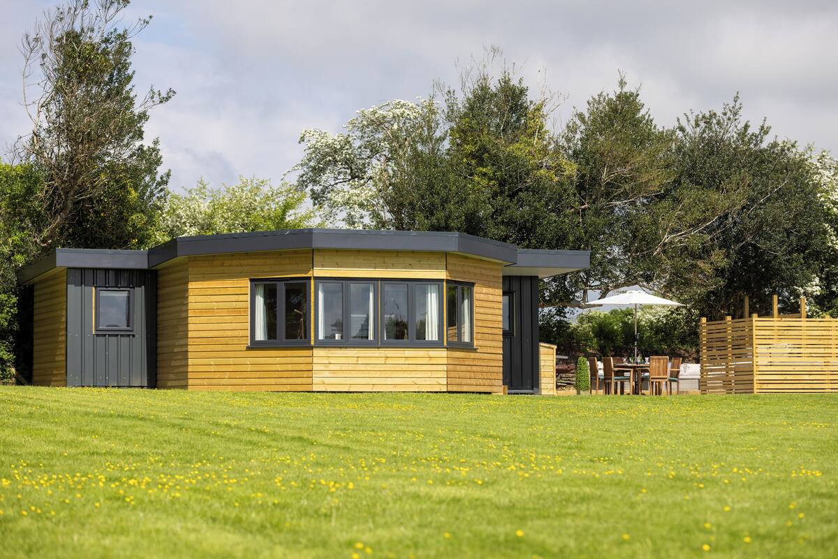 Een moderne houten chalet met grote ramen, een deur en een klein terras met tuinmeubilair.