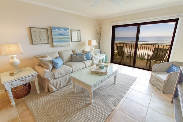 Condo, Multiple Beds, Balcony, Ocean View | Living room | TV