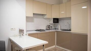 Réfrigérateur, micro-ondes, plaque de cuisson, cafetière/bouilloire