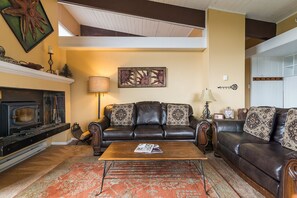 Televisie, een open haard en een dvd-speler