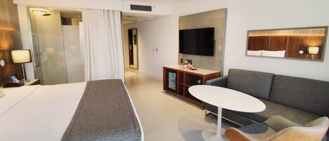 Une chambre d’hôtel moderne équipée d’un lit, d’un canapé, d’une petite table, d’une télévision et d’un espace douche.
