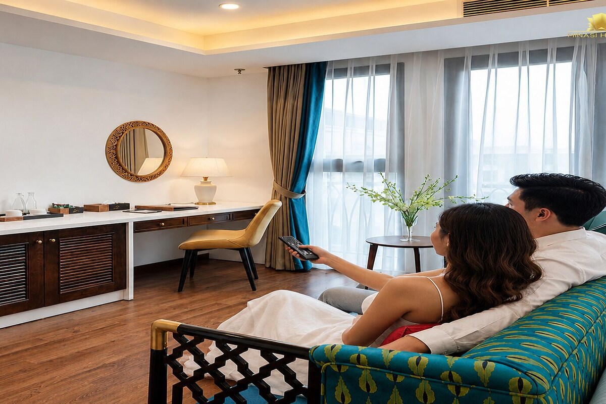 Grand studio suite, uitzicht op de stad | Luxe beddengoed, een minibar, een kluis op de kamer, een bureau