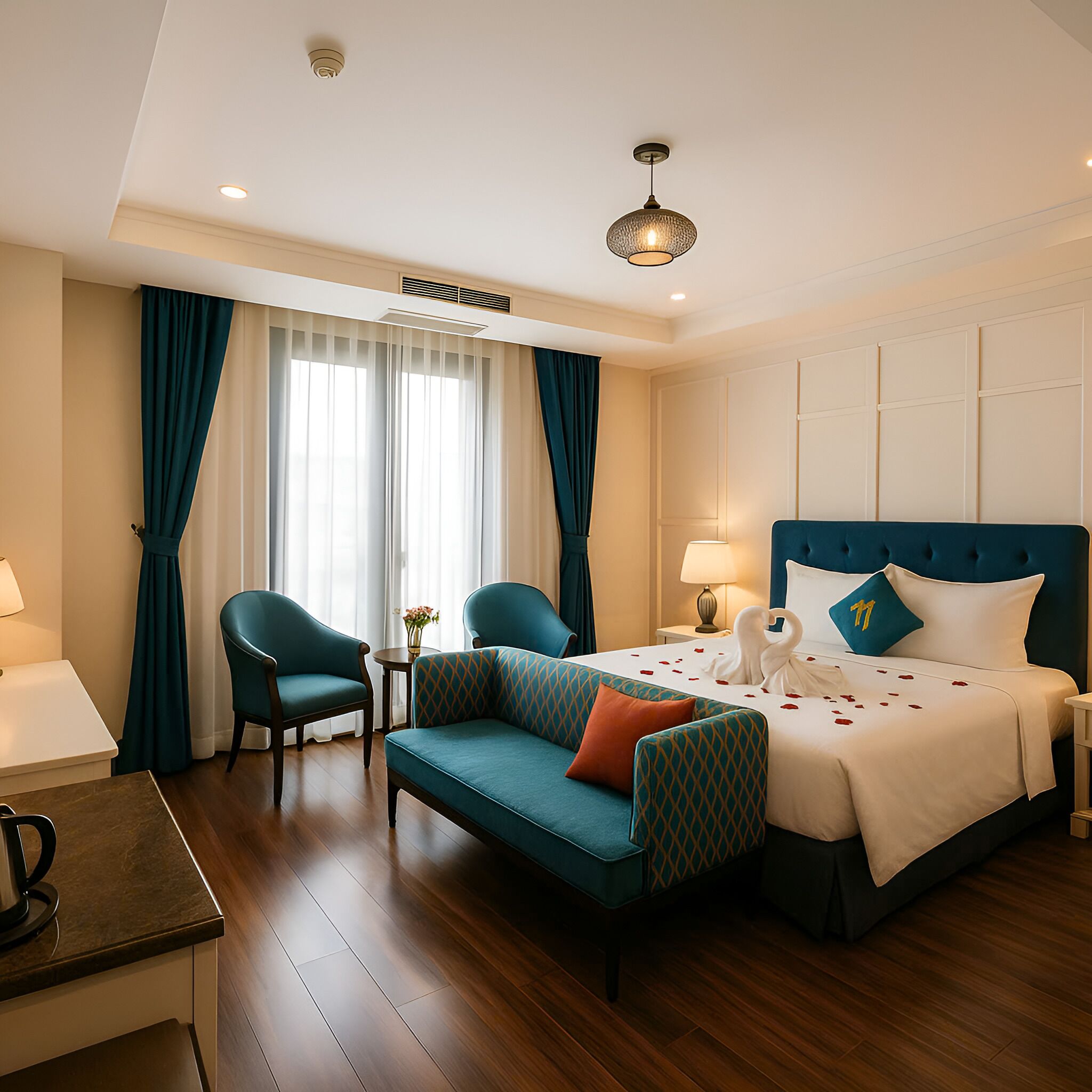 A hotel room with a bed, two chairs, a sofa, a table with a coffee maker, and a window with curtains.