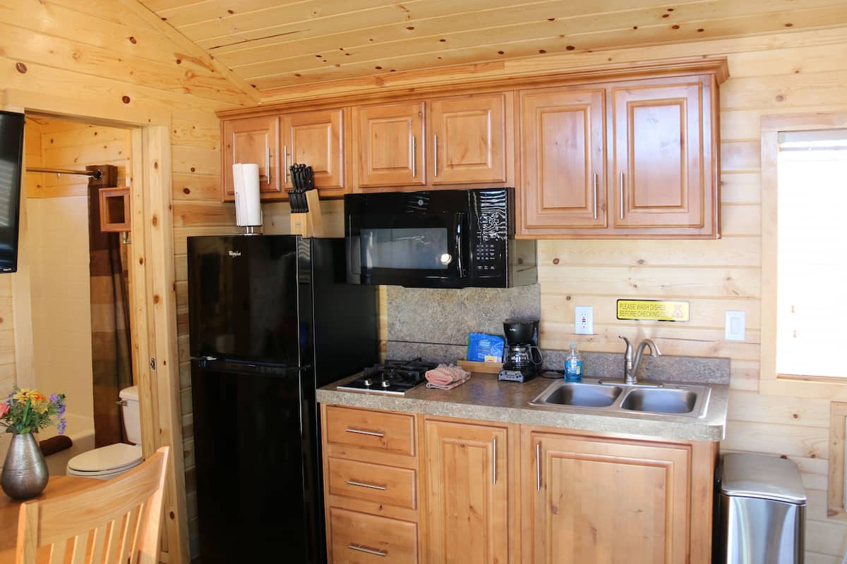 A compact kitchen with wooden cabinets, a black refrigerator, a microwave, and a sink.