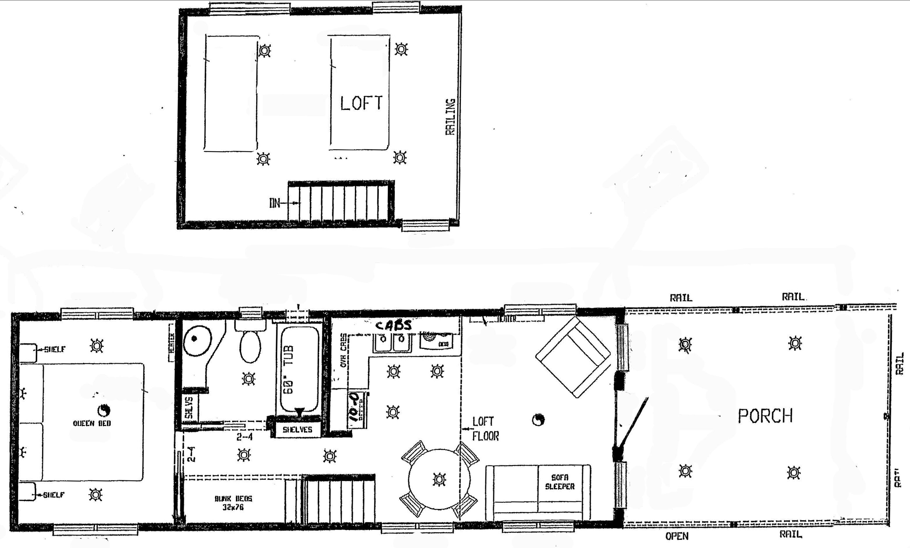A floor plan of a hotel room with a loft, bathroom, and a porch area.
